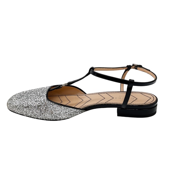GUCCI SILVER GLITTER AND PATENT LEATHER DOUBLE G SLINGBACK BALLET FLATS - Picture 3 of 8